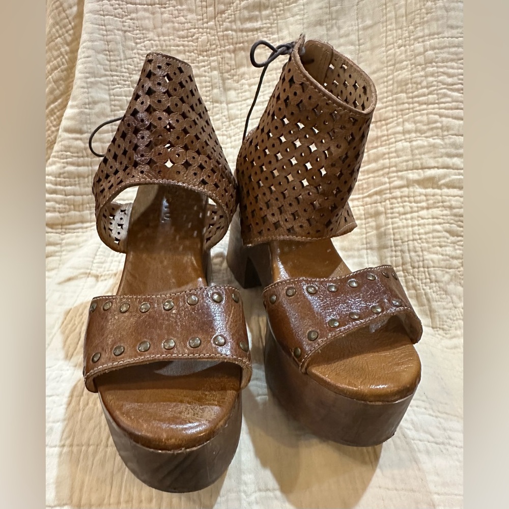 Bed Stu Brown Leather Perforated Platform Sandals